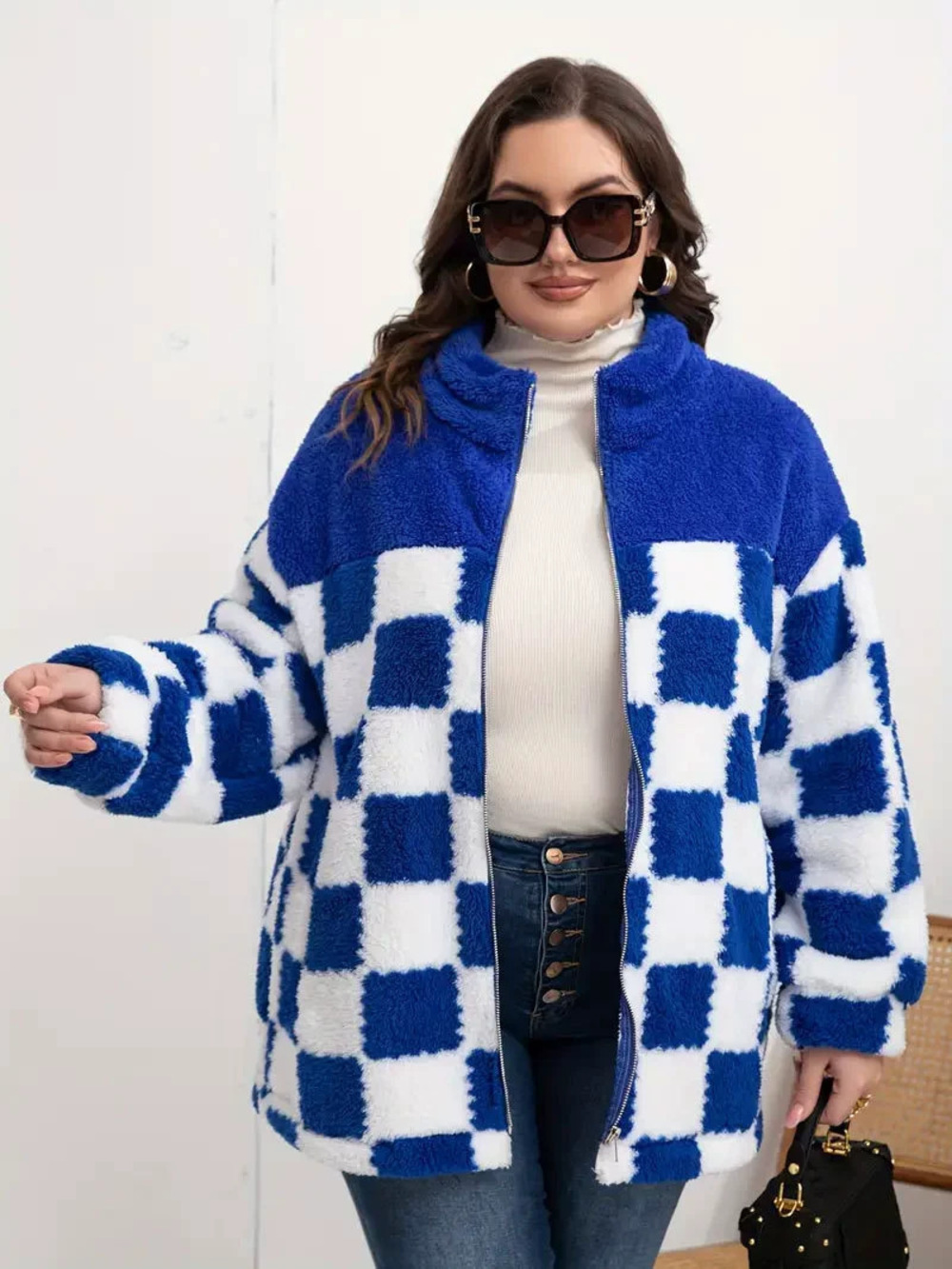 Forever 21 Reversible Plush Fleece Jacket Unisex Warm Plaid Patchwork Zipper